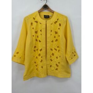 Bob Mackie Wearable Art Yellow Linen Blend Cutout Embroidered Jacket Small